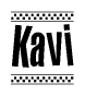 The image is a black and white clipart of the text Kavi in a bold, italicized font. The text is bordered by a dotted line on the top and bottom, and there are checkered flags positioned at both ends of the text, usually associated with racing or finishing lines.