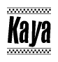 The image is a black and white clipart of the text Kaya in a bold, italicized font. The text is bordered by a dotted line on the top and bottom, and there are checkered flags positioned at both ends of the text, usually associated with racing or finishing lines.
