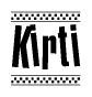 The image contains the text Kirti in a bold, stylized font, with a checkered flag pattern bordering the top and bottom of the text.