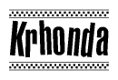 The image is a black and white clipart of the text Krhonda in a bold, italicized font. The text is bordered by a dotted line on the top and bottom, and there are checkered flags positioned at both ends of the text, usually associated with racing or finishing lines.