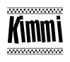 The image contains the text Kimmi in a bold, stylized font, with a checkered flag pattern bordering the top and bottom of the text.