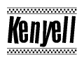 The image is a black and white clipart of the text Kenyell in a bold, italicized font. The text is bordered by a dotted line on the top and bottom, and there are checkered flags positioned at both ends of the text, usually associated with racing or finishing lines.