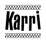 The clipart image displays the text Karri in a bold, stylized font. It is enclosed in a rectangular border with a checkerboard pattern running below and above the text, similar to a finish line in racing. 