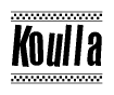 The image is a black and white clipart of the text Koulla in a bold, italicized font. The text is bordered by a dotted line on the top and bottom, and there are checkered flags positioned at both ends of the text, usually associated with racing or finishing lines.