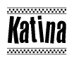 The image contains the text Katina in a bold, stylized font, with a checkered flag pattern bordering the top and bottom of the text.