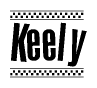 The image is a black and white clipart of the text Keely in a bold, italicized font. The text is bordered by a dotted line on the top and bottom, and there are checkered flags positioned at both ends of the text, usually associated with racing or finishing lines.