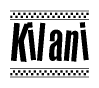The image contains the text Kilani in a bold, stylized font, with a checkered flag pattern bordering the top and bottom of the text.