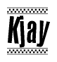 The image is a black and white clipart of the text Kjay in a bold, italicized font. The text is bordered by a dotted line on the top and bottom, and there are checkered flags positioned at both ends of the text, usually associated with racing or finishing lines.