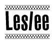 The clipart image displays the text Leslee in a bold, stylized font. It is enclosed in a rectangular border with a checkerboard pattern running below and above the text, similar to a finish line in racing. 