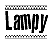 The image is a black and white clipart of the text Lampy in a bold, italicized font. The text is bordered by a dotted line on the top and bottom, and there are checkered flags positioned at both ends of the text, usually associated with racing or finishing lines.