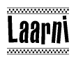 The image is a black and white clipart of the text Laarni in a bold, italicized font. The text is bordered by a dotted line on the top and bottom, and there are checkered flags positioned at both ends of the text, usually associated with racing or finishing lines.