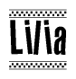The image is a black and white clipart of the text Lilia in a bold, italicized font. The text is bordered by a dotted line on the top and bottom, and there are checkered flags positioned at both ends of the text, usually associated with racing or finishing lines.