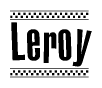 The image contains the text Leroy in a bold, stylized font, with a checkered flag pattern bordering the top and bottom of the text.
