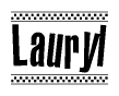 The image is a black and white clipart of the text Lauryl in a bold, italicized font. The text is bordered by a dotted line on the top and bottom, and there are checkered flags positioned at both ends of the text, usually associated with racing or finishing lines.
