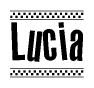 The image is a black and white clipart of the text Lucia in a bold, italicized font. The text is bordered by a dotted line on the top and bottom, and there are checkered flags positioned at both ends of the text, usually associated with racing or finishing lines.