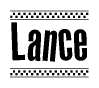 The image is a black and white clipart of the text Lance in a bold, italicized font. The text is bordered by a dotted line on the top and bottom, and there are checkered flags positioned at both ends of the text, usually associated with racing or finishing lines.
