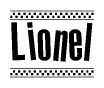The image is a black and white clipart of the text Lionel in a bold, italicized font. The text is bordered by a dotted line on the top and bottom, and there are checkered flags positioned at both ends of the text, usually associated with racing or finishing lines.