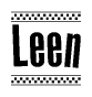 The clipart image displays the text Leen in a bold, stylized font. It is enclosed in a rectangular border with a checkerboard pattern running below and above the text, similar to a finish line in racing. 
