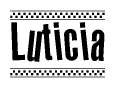 The image contains the text Luticia in a bold, stylized font, with a checkered flag pattern bordering the top and bottom of the text.