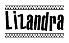 The image is a black and white clipart of the text Lizandra in a bold, italicized font. The text is bordered by a dotted line on the top and bottom, and there are checkered flags positioned at both ends of the text, usually associated with racing or finishing lines.