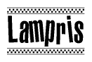 The image is a black and white clipart of the text Lampris in a bold, italicized font. The text is bordered by a dotted line on the top and bottom, and there are checkered flags positioned at both ends of the text, usually associated with racing or finishing lines.