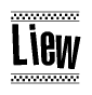 The image is a black and white clipart of the text Liew in a bold, italicized font. The text is bordered by a dotted line on the top and bottom, and there are checkered flags positioned at both ends of the text, usually associated with racing or finishing lines.