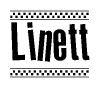 The image is a black and white clipart of the text Linett in a bold, italicized font. The text is bordered by a dotted line on the top and bottom, and there are checkered flags positioned at both ends of the text, usually associated with racing or finishing lines.