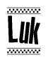 The clipart image displays the text Luk in a bold, stylized font. It is enclosed in a rectangular border with a checkerboard pattern running below and above the text, similar to a finish line in racing. 