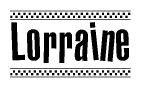 The image contains the text Lorraine in a bold, stylized font, with a checkered flag pattern bordering the top and bottom of the text.