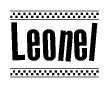 The clipart image displays the text Leonel in a bold, stylized font. It is enclosed in a rectangular border with a checkerboard pattern running below and above the text, similar to a finish line in racing. 