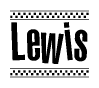 The image contains the text Lewis in a bold, stylized font, with a checkered flag pattern bordering the top and bottom of the text.