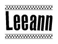 The image is a black and white clipart of the text Leeann in a bold, italicized font. The text is bordered by a dotted line on the top and bottom, and there are checkered flags positioned at both ends of the text, usually associated with racing or finishing lines.