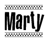 The image is a black and white clipart of the text Marty in a bold, italicized font. The text is bordered by a dotted line on the top and bottom, and there are checkered flags positioned at both ends of the text, usually associated with racing or finishing lines.
