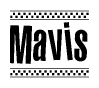 The image contains the text Mavis in a bold, stylized font, with a checkered flag pattern bordering the top and bottom of the text.