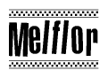 The image contains the text Melflor in a bold, stylized font, with a checkered flag pattern bordering the top and bottom of the text.