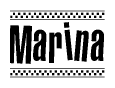 The image contains the text Marina in a bold, stylized font, with a checkered flag pattern bordering the top and bottom of the text.