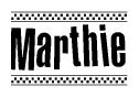 The clipart image displays the text Marthie in a bold, stylized font. It is enclosed in a rectangular border with a checkerboard pattern running below and above the text, similar to a finish line in racing. 
