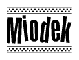 The image contains the text Miodek in a bold, stylized font, with a checkered flag pattern bordering the top and bottom of the text.