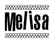 The clipart image displays the text Melisa in a bold, stylized font. It is enclosed in a rectangular border with a checkerboard pattern running below and above the text, similar to a finish line in racing. 