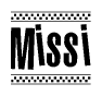 The image is a black and white clipart of the text Missi in a bold, italicized font. The text is bordered by a dotted line on the top and bottom, and there are checkered flags positioned at both ends of the text, usually associated with racing or finishing lines.