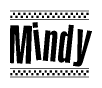The image is a black and white clipart of the text Mindy in a bold, italicized font. The text is bordered by a dotted line on the top and bottom, and there are checkered flags positioned at both ends of the text, usually associated with racing or finishing lines.