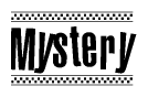 The clipart image displays the text Mystery in a bold, stylized font. It is enclosed in a rectangular border with a checkerboard pattern running below and above the text, similar to a finish line in racing. 