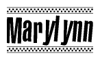 The image is a black and white clipart of the text Marylynn in a bold, italicized font. The text is bordered by a dotted line on the top and bottom, and there are checkered flags positioned at both ends of the text, usually associated with racing or finishing lines.