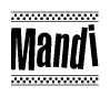 The image is a black and white clipart of the text Mandi in a bold, italicized font. The text is bordered by a dotted line on the top and bottom, and there are checkered flags positioned at both ends of the text, usually associated with racing or finishing lines.