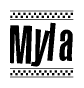 The image is a black and white clipart of the text Myla in a bold, italicized font. The text is bordered by a dotted line on the top and bottom, and there are checkered flags positioned at both ends of the text, usually associated with racing or finishing lines.
