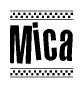 The clipart image displays the text Mica in a bold, stylized font. It is enclosed in a rectangular border with a checkerboard pattern running below and above the text, similar to a finish line in racing. 