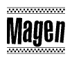 The image contains the text Magen in a bold, stylized font, with a checkered flag pattern bordering the top and bottom of the text.