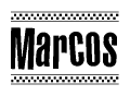 The image is a black and white clipart of the text Marcos in a bold, italicized font. The text is bordered by a dotted line on the top and bottom, and there are checkered flags positioned at both ends of the text, usually associated with racing or finishing lines.