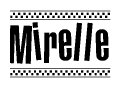 The image contains the text Mirelle in a bold, stylized font, with a checkered flag pattern bordering the top and bottom of the text.