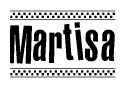 The image contains the text Martisa in a bold, stylized font, with a checkered flag pattern bordering the top and bottom of the text.